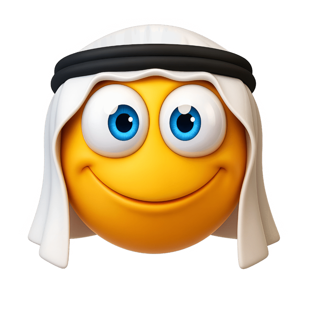 Smiling yellow Arabic emoji face with blue eyes wearing white keffiyeh and black agal on transparent background