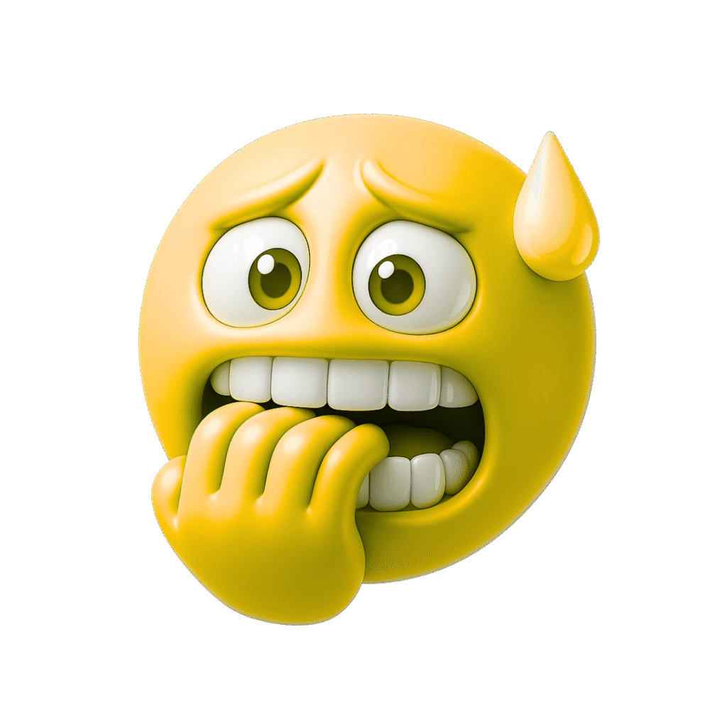 Yellow 3D emoji nervously biting nails with anxious expression, sweat drop, and wide eyes – transparent background