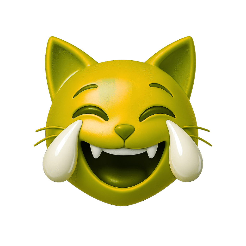 3D yellow-green cat emoji laughing with white glossy tears, cute feline face with vampire fangs and transparent background