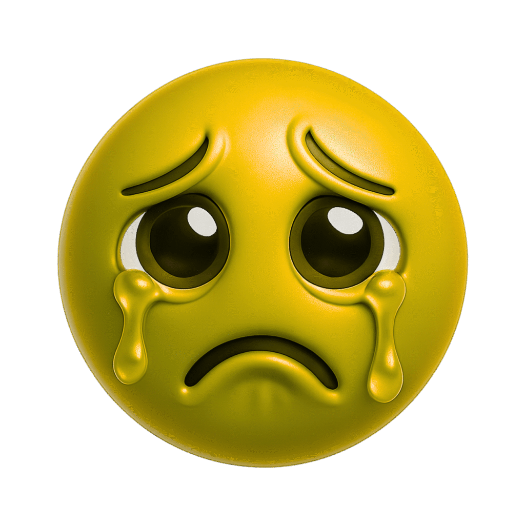 Yellow 3D crying emoji with a sad expression, teardrops, and shiny surface on a transparent background for meme use.