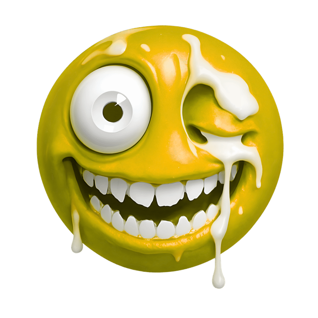 3D yellow freaky emoji with exaggerated white eye and dripping white slime, scary smile, transparent background