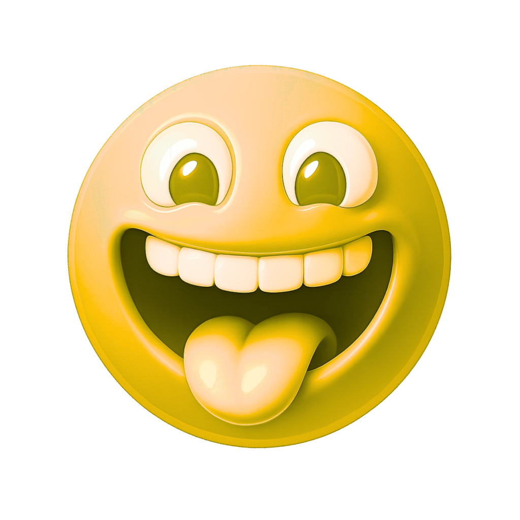 Yellow 3D emoji with wide smile, tongue sticking out, big glossy eyes, and white cartoon teeth – transparent PNG