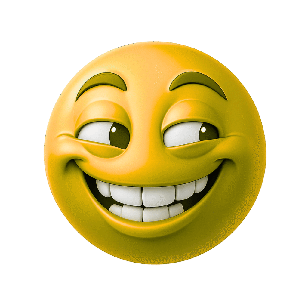 High-resolution yellow 3D emoji with mischievous smile, raised eyebrows, and sideways glancing eyes on transparent background