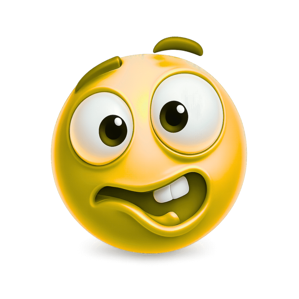 Yellow goofy ahh 3D emoji with big eyes and awkward smile – transparent PNG perfect for memes, fun designs, and reactions.