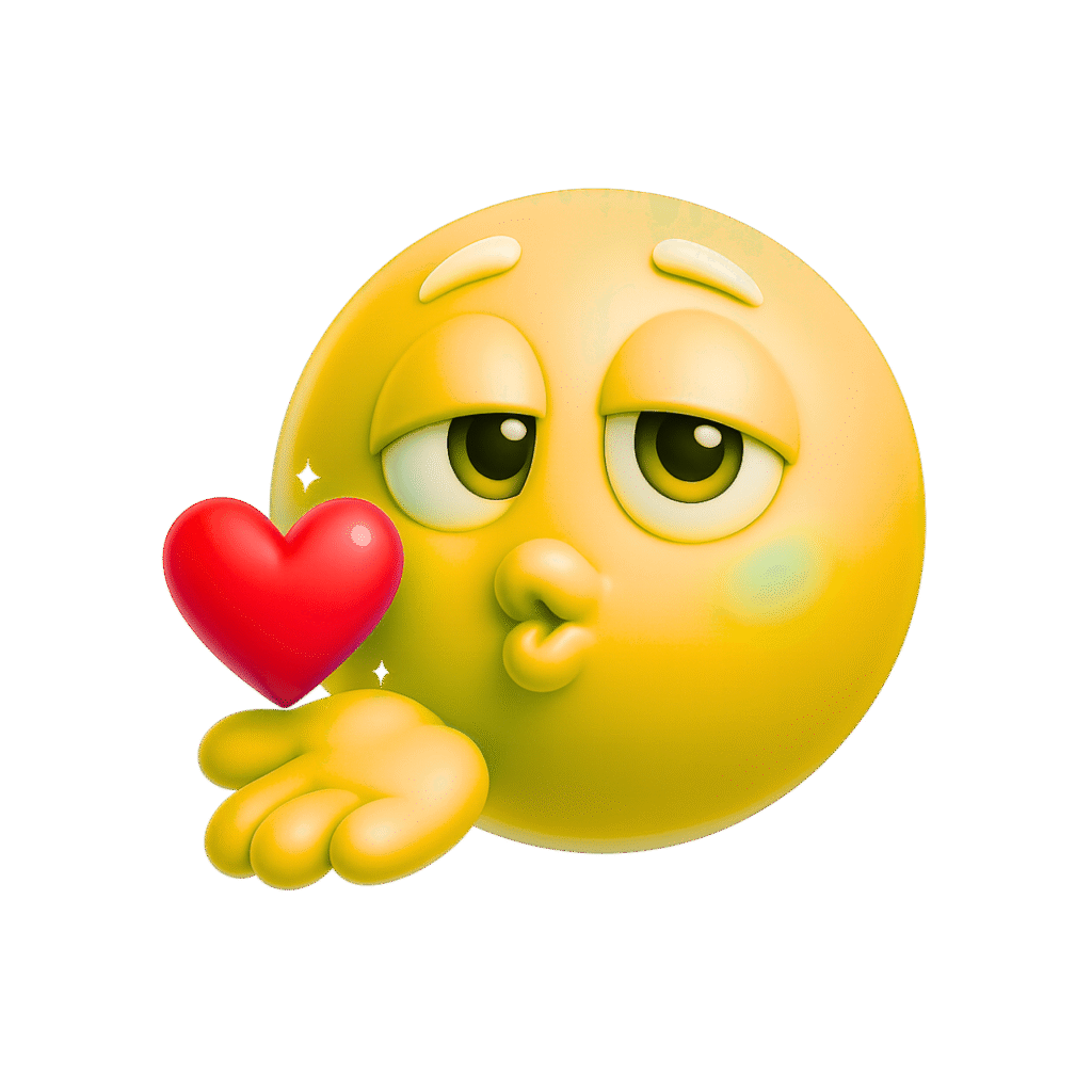 3D yellow kissy face emoji blowing a red heart kiss with sleepy eyes and cartoon hand on transparent background