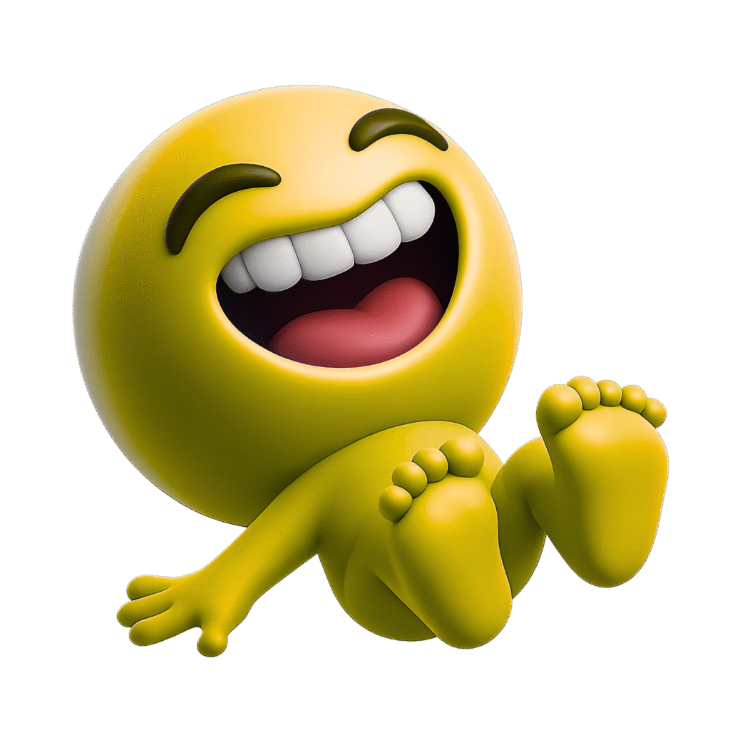 3D yellow laughing emoji rolling with joy, mouth wide open and eyes closed, on a transparent background