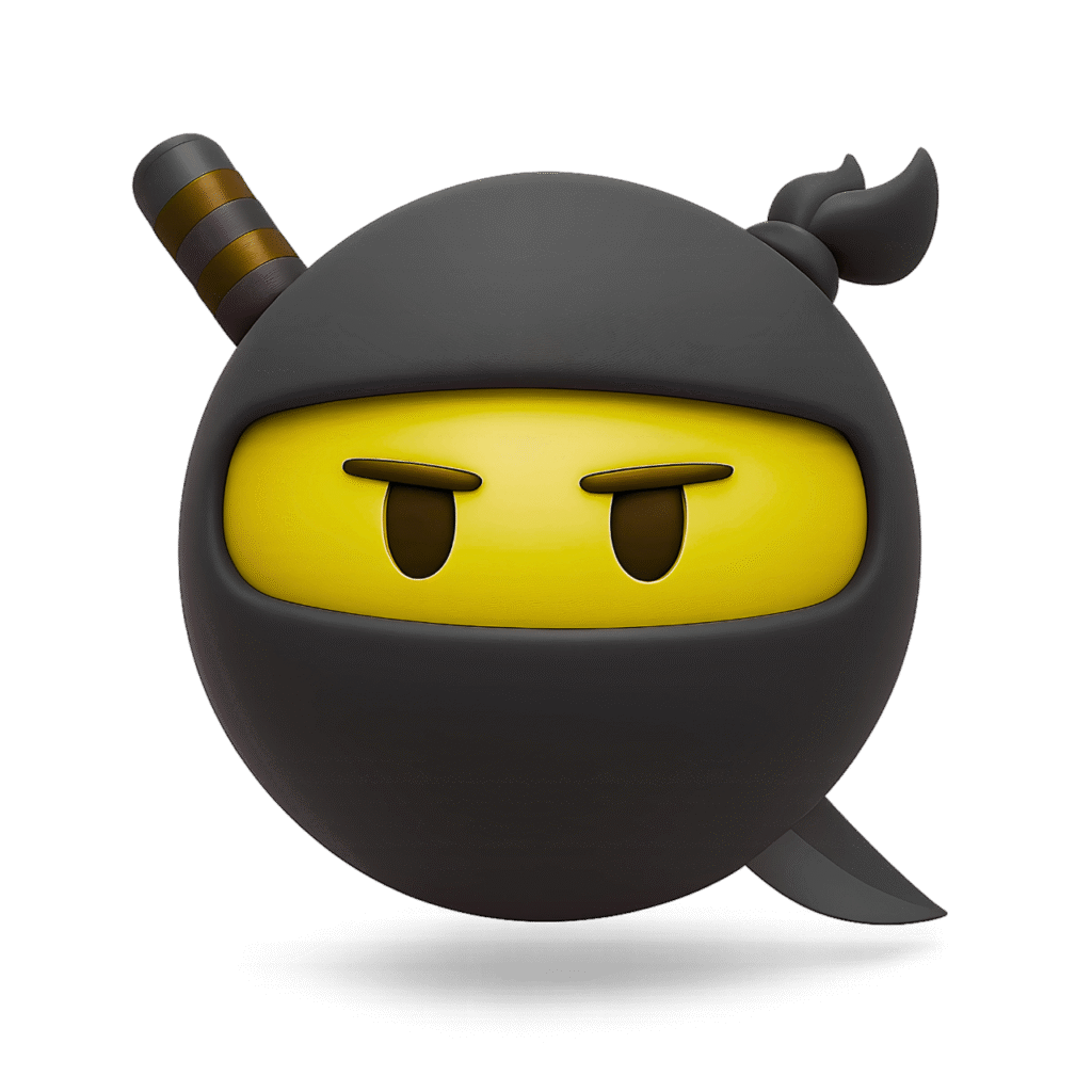 3D ninja emoji with glowing yellow face, black hood, brown-striped sword, and intense eyes on transparent background – stealth action clipart.