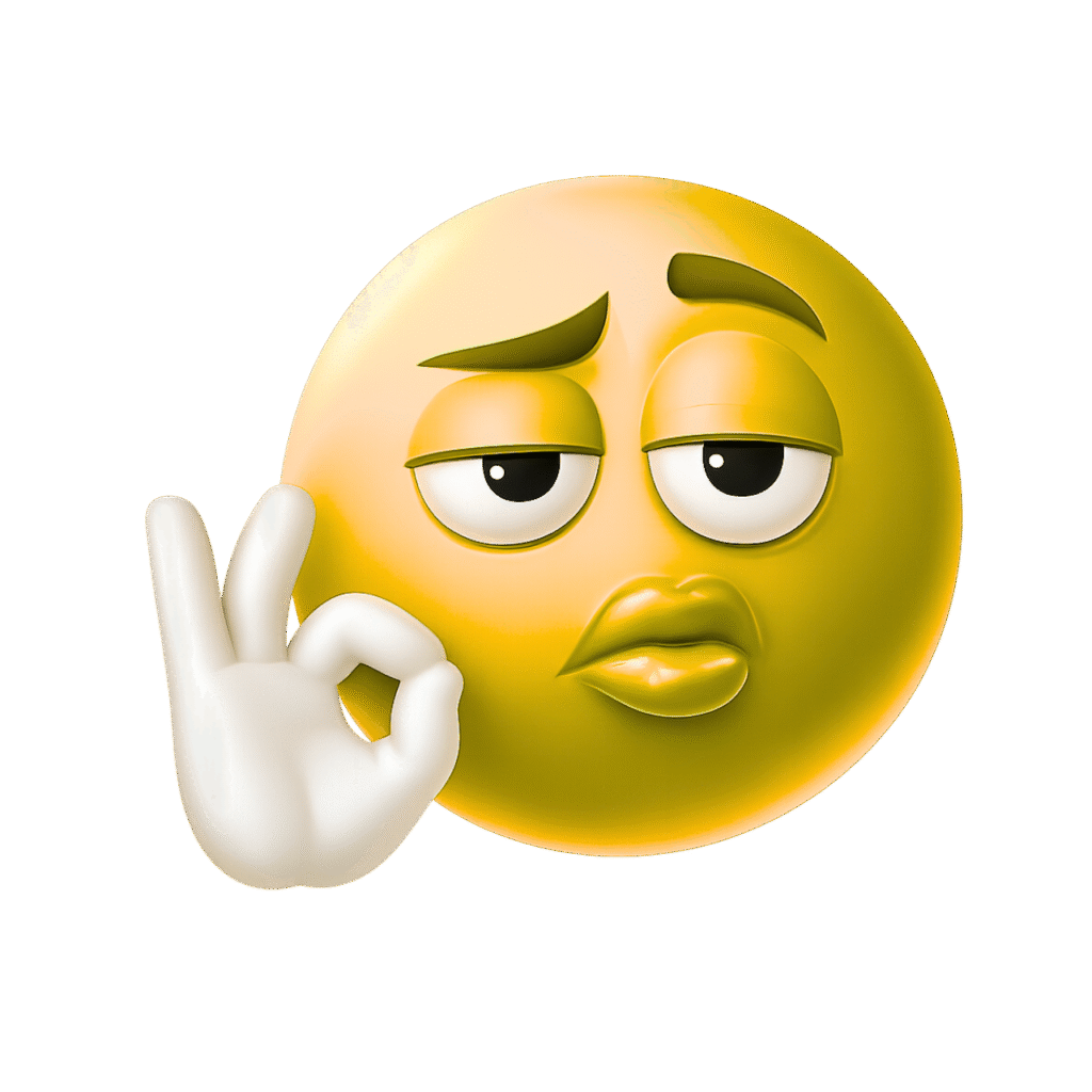 Glossy yellow 3D emoji with unimpressed eyes, pouty lips, and OK hand gesture in white glove