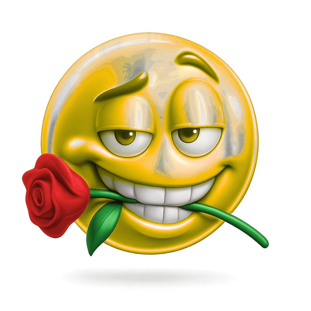 Flirty yellow emoji with romantic eyes holding red rose in mouth – 3D rizz expression
