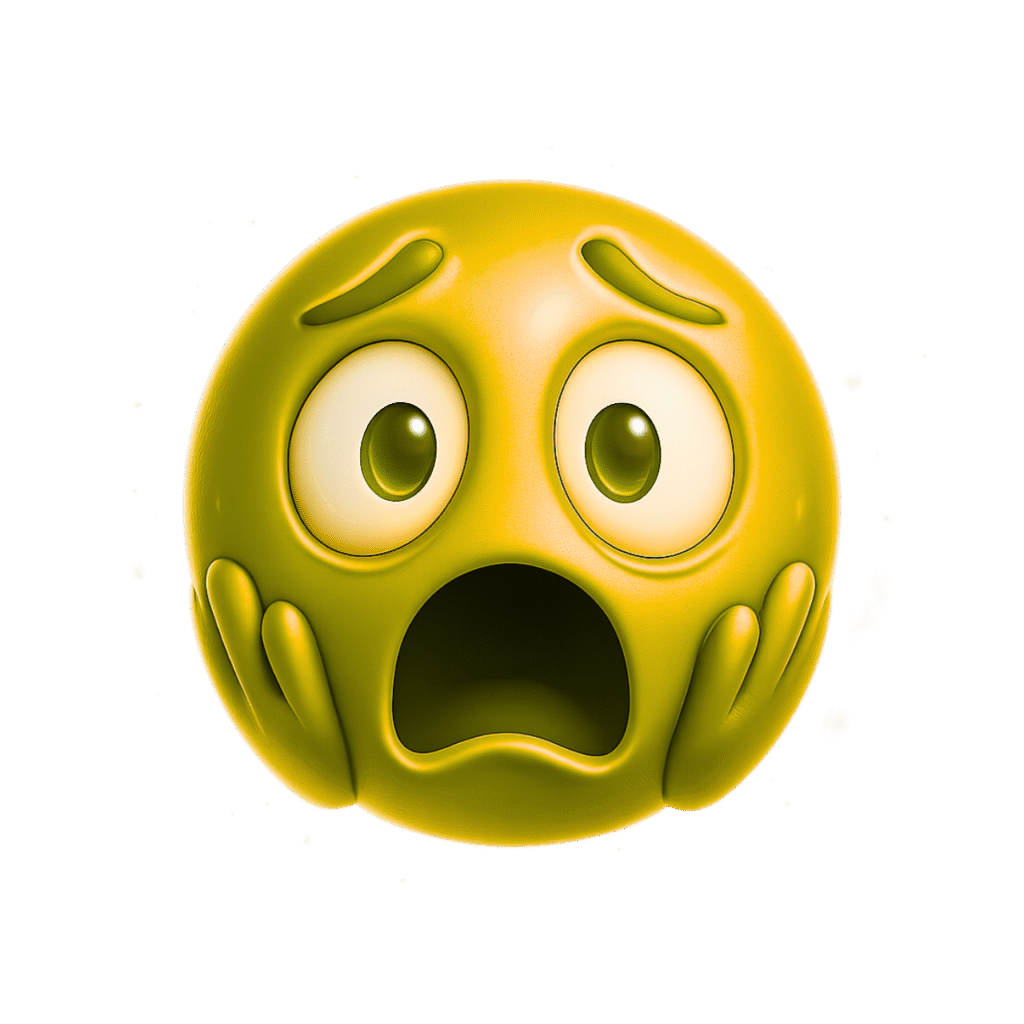 3D yellow emoji with wide eyes, open mouth, and hands on face showing a frightened and surprised expression