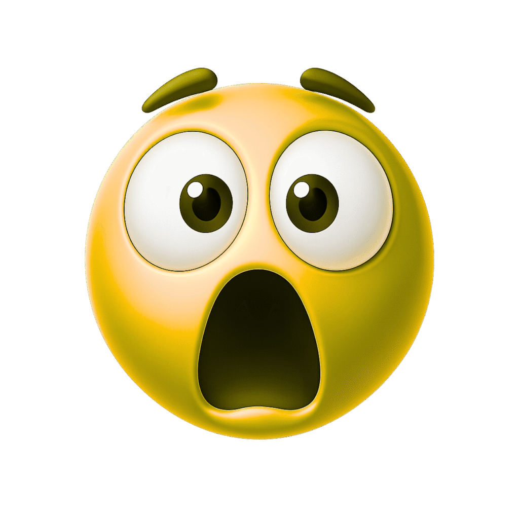 3D yellow shocked emoji with large eyes and open mouth on a transparent background, expressing surprise or amazement
