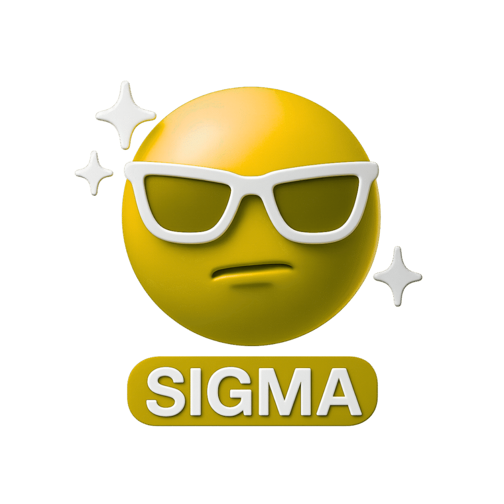 3D yellow sigma emoji with a confident expression, white sunglasses, sparkles, and bold "SIGMA" text on a transparent background.