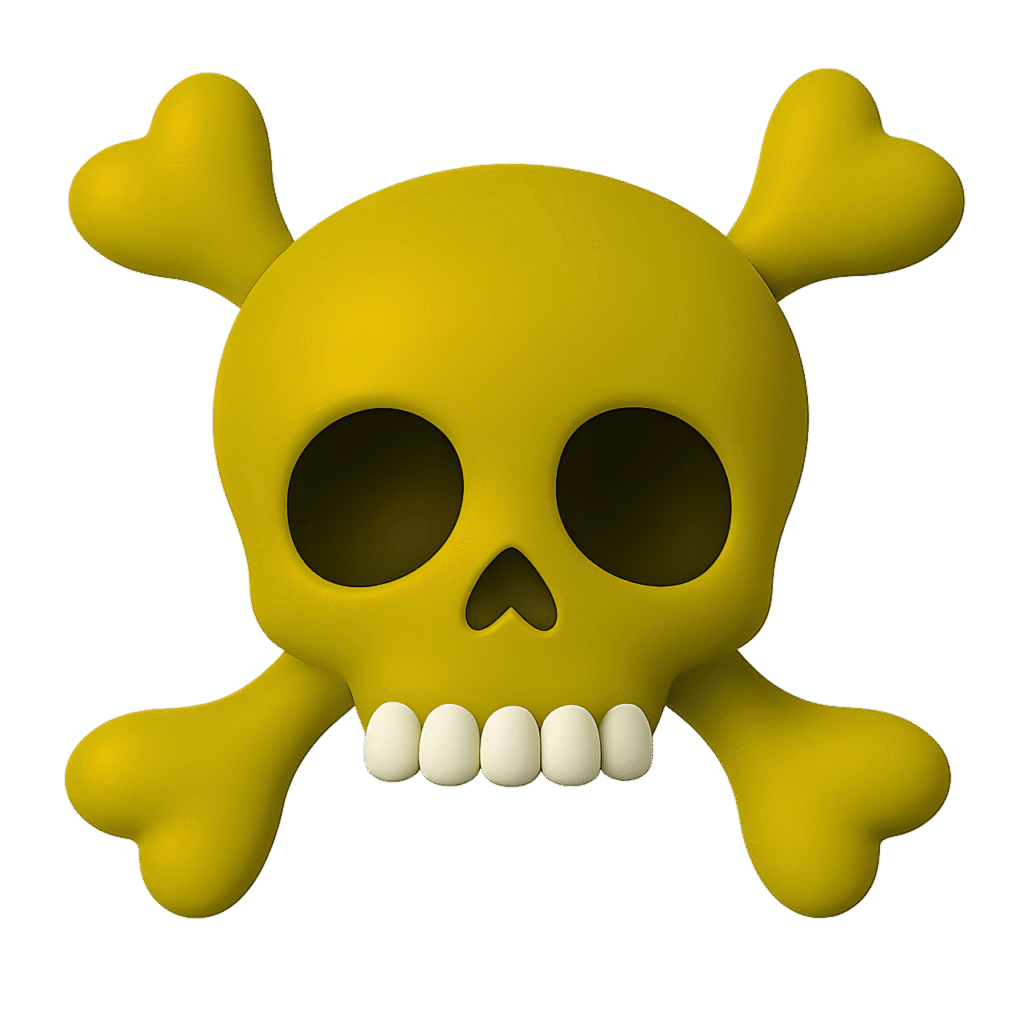 Yellow Pirate Skull Emoji PNG with Heart Crossbones and White Teeth – Transparent Background
