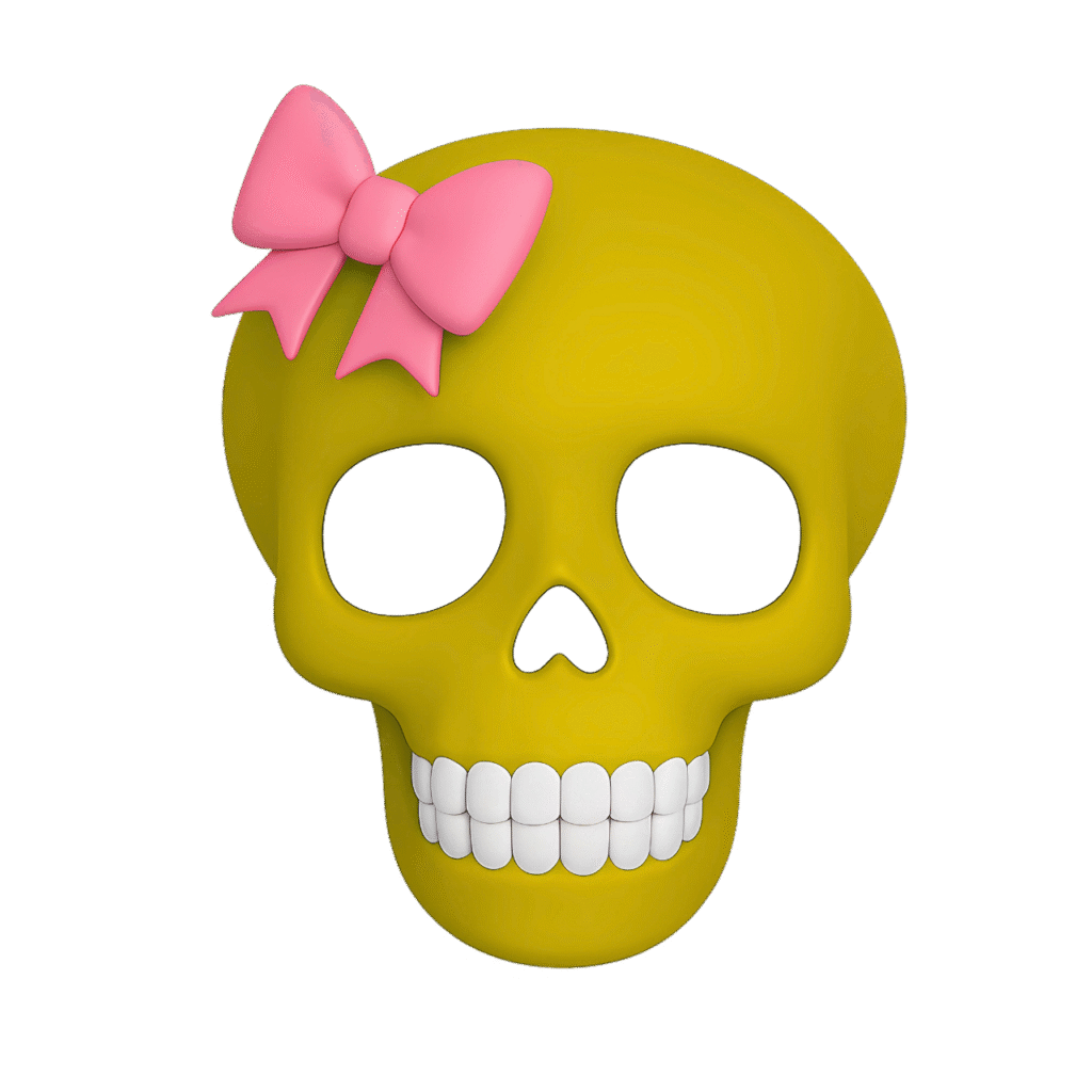A vibrant yellow skull emoji with a pink bow, perfect for cute and spooky design projects. Transparent background for easy use.