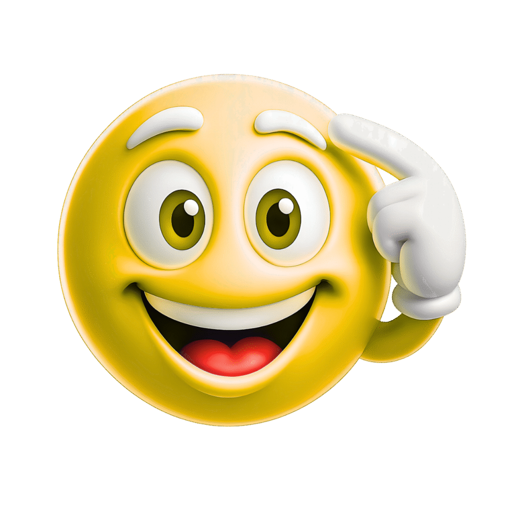 3D yellow smart emoji with smiling face and raised hand gesture touching forehead on transparent background, symbolizing clever thinking