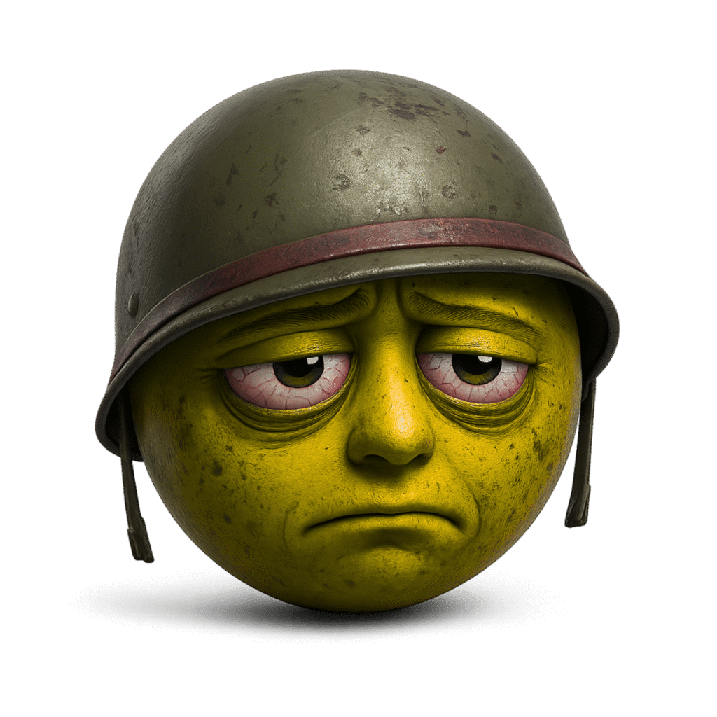 Yellow 3D sad emoji face wearing a distressed army helmet with a thousand-yard stare