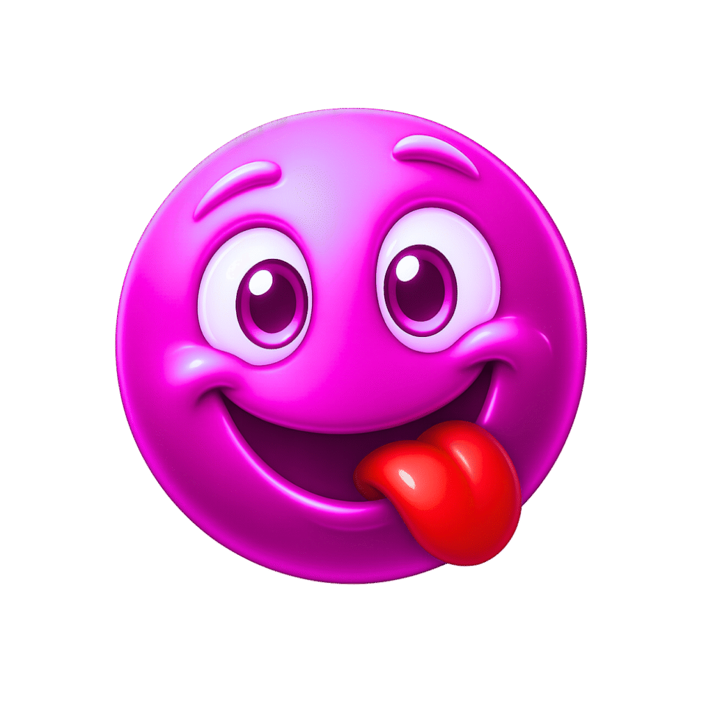 3D purple yum emoji with wide eyes and tongue out, expressing tasty delight