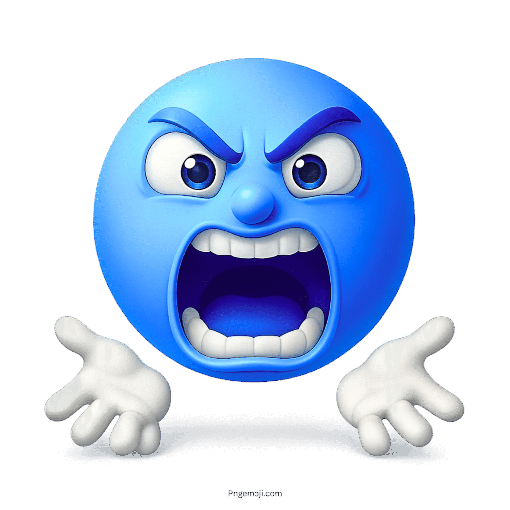 Blue angry emoji shouting with raised hands and furious cartoon expression