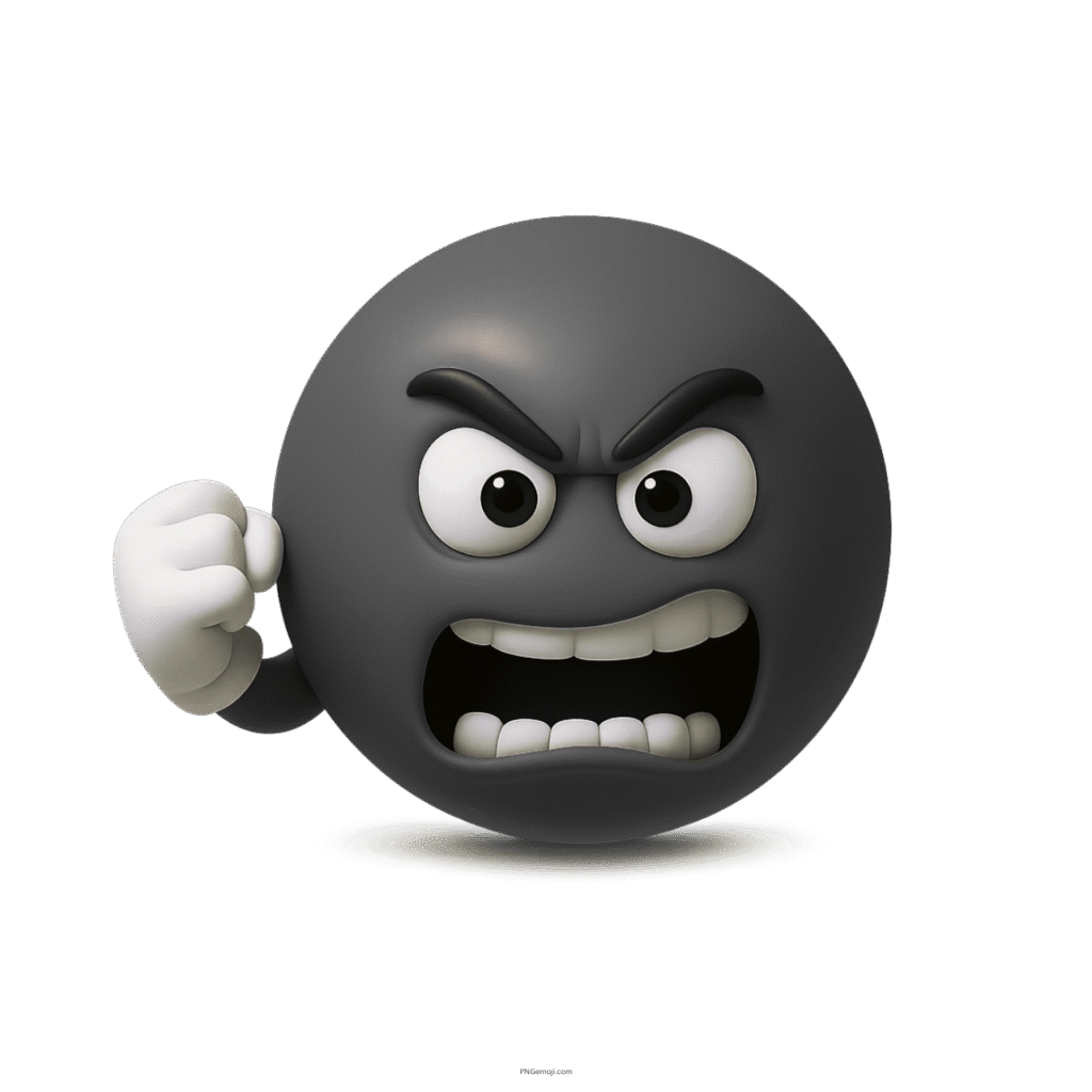 3D black emoji face shaking fist with angry, old man-like expression
