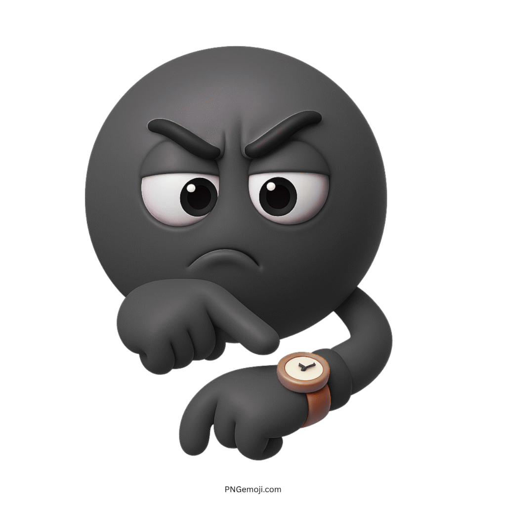 3D angry black emoji pointing at wristwatch showing frustration about waiting or delay