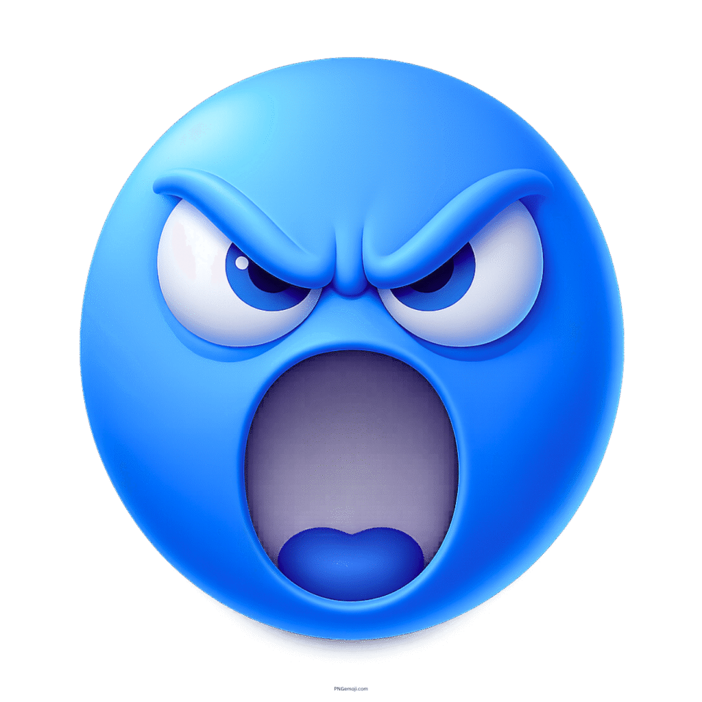 Blue angry emoji with wide open mouth and furrowed brows showing extreme rage
