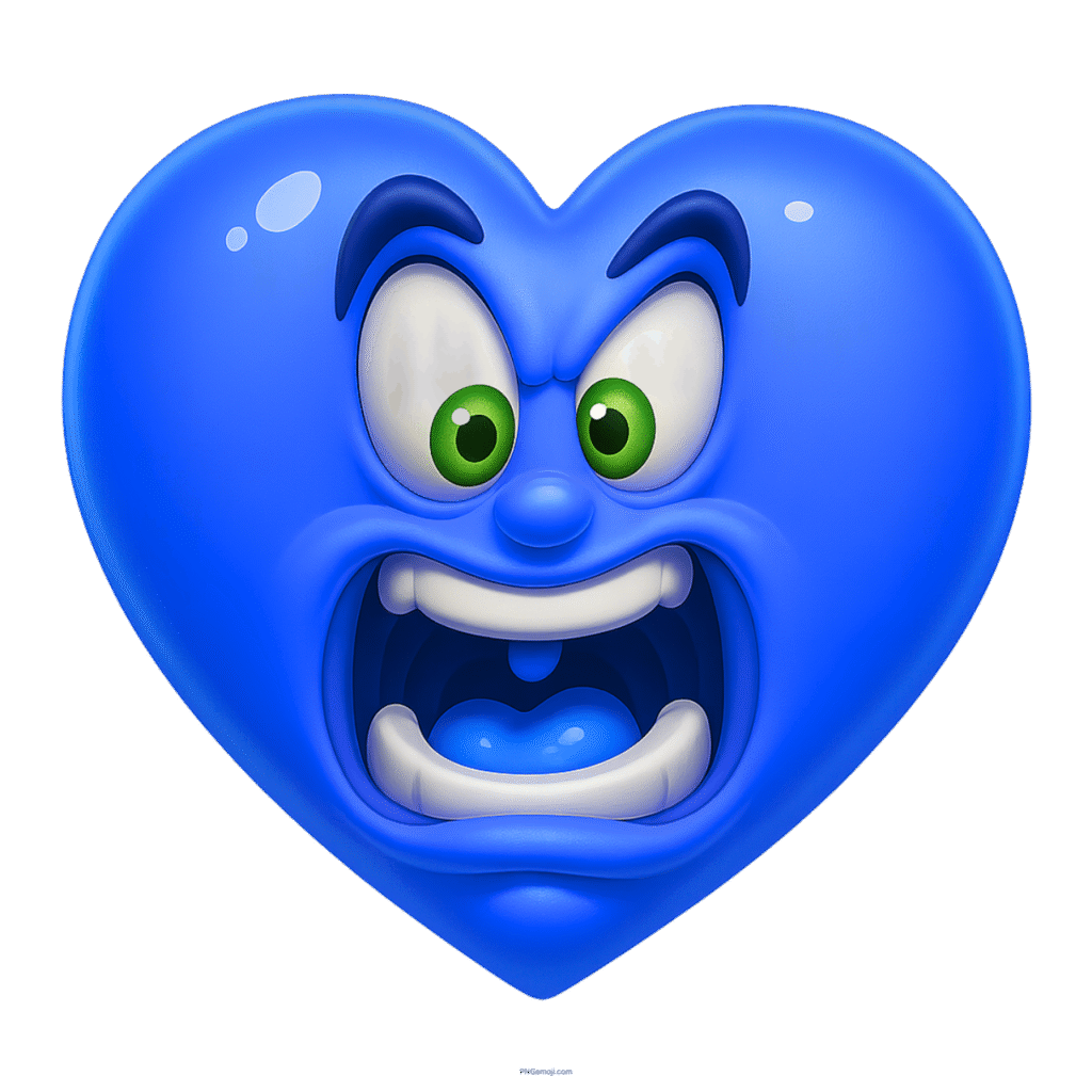 Angry blue heart cartoon emoji with green eyes and animated shocked facial expression.