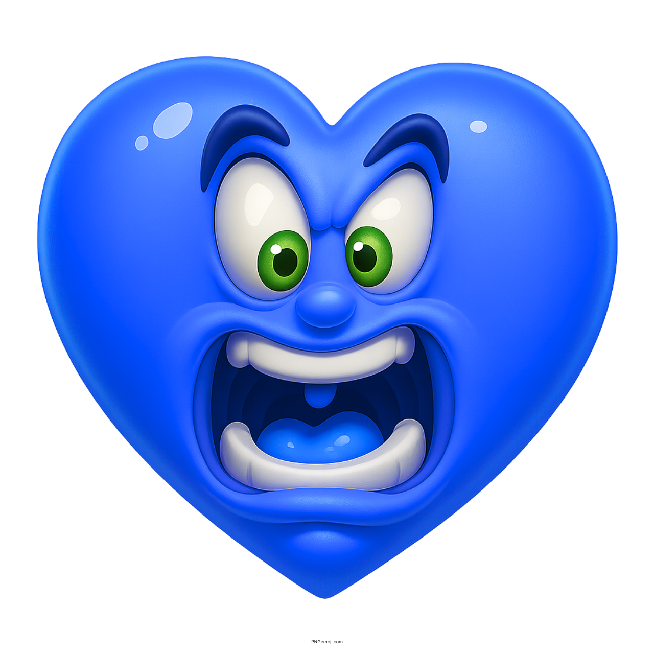 Angry blue heart cartoon emoji with green eyes and animated shocked facial expression.