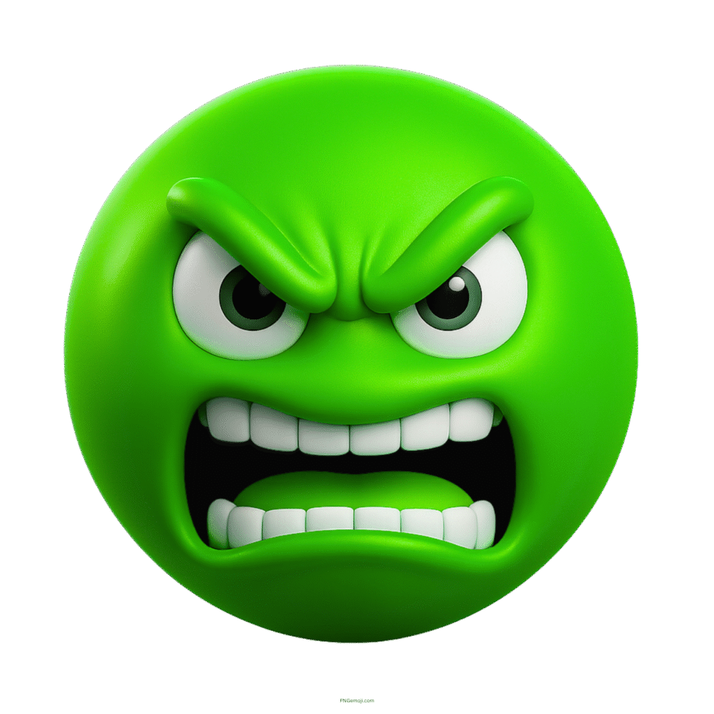3D green angry emoji with clenched white teeth and intense furrowed brow