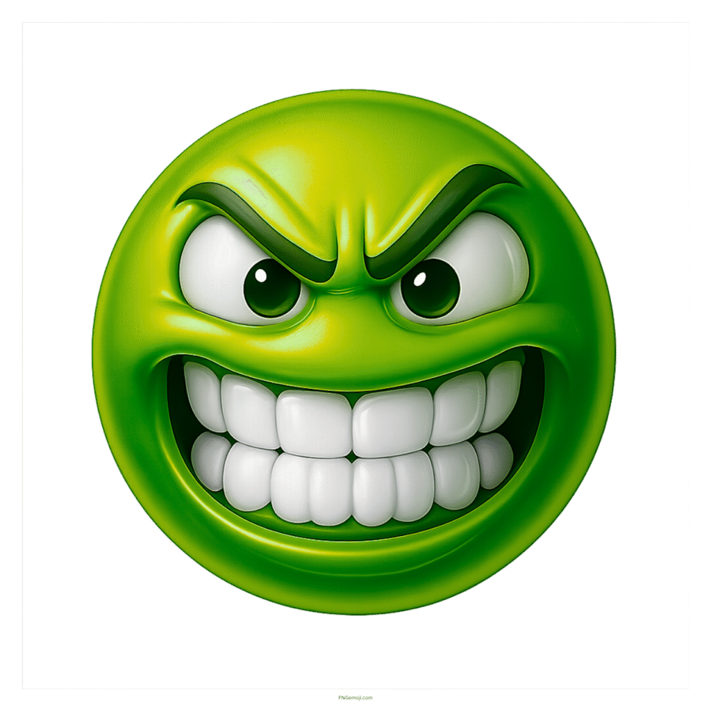 Angry green emoji face with clenched teeth and intense eyes expressing rage or fury.