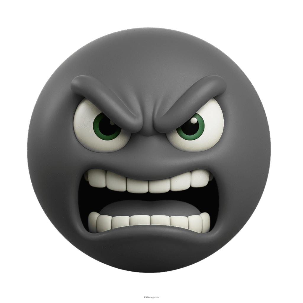 3D grey angry emoji with clenched teeth and intense green-eyed expression