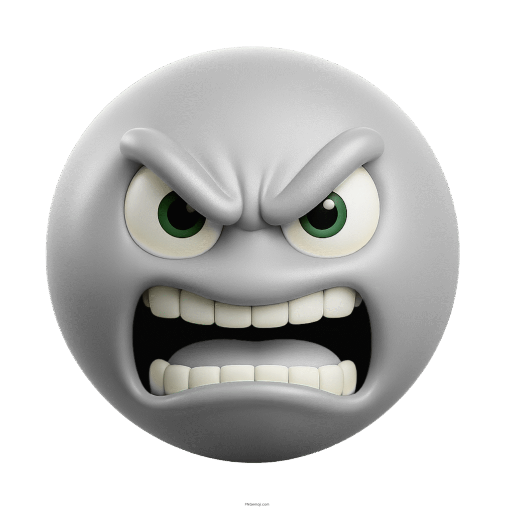 3D light grey angry emoji face with clenched teeth and furious green eyes