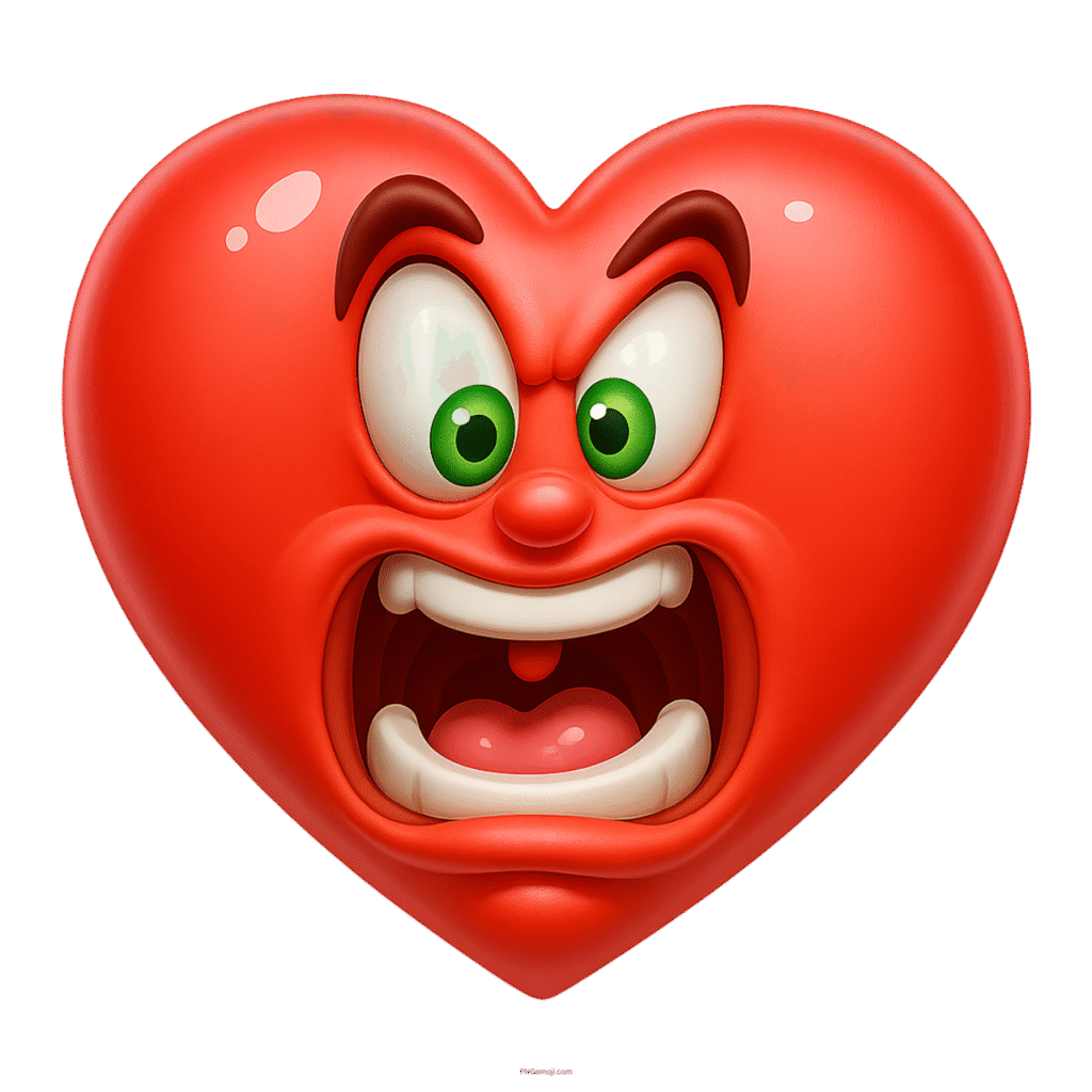 Angry red heart cartoon emoji with expressive face and yelling mouth