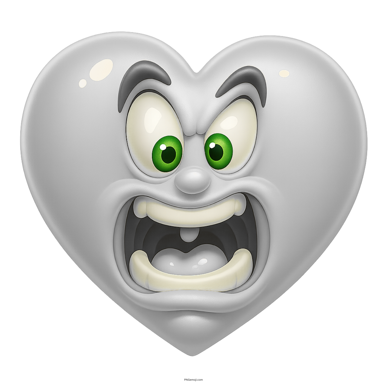Angry white heart emoji cartoon with wide green eyes and shouting facial expression.