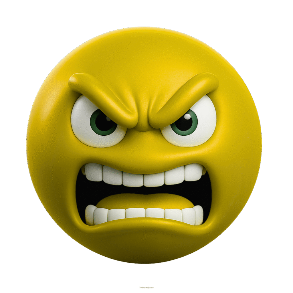 3D yellow angry emoji with clenched teeth, green eyes, and fierce expression