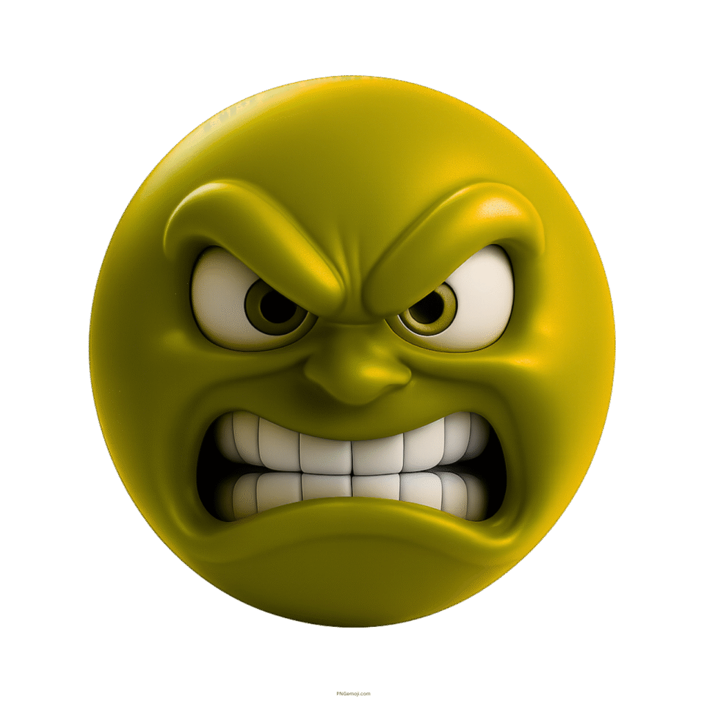Angry yellow-green emoji with clenched teeth and intense brows showing furious emotion