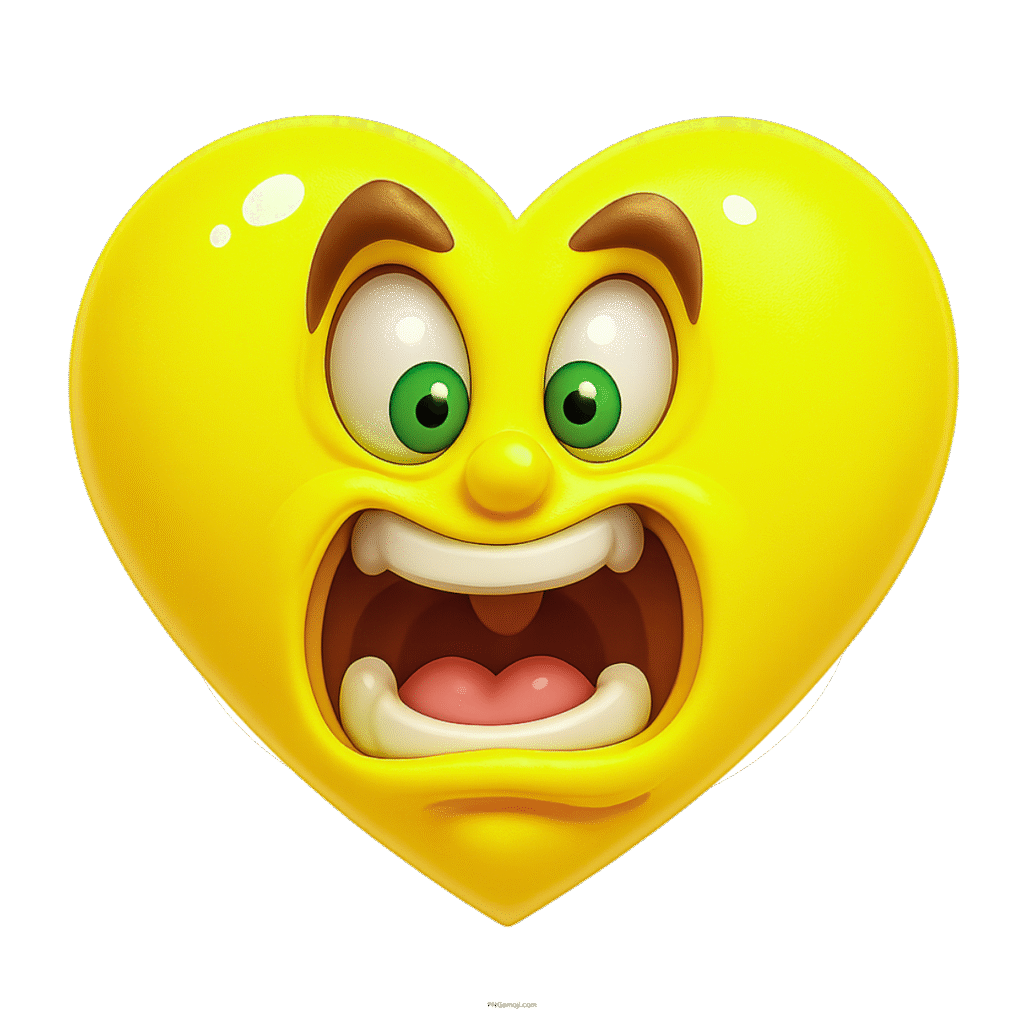 Shocked yellow heart cartoon emoji with wide green eyes and open screaming mouth.