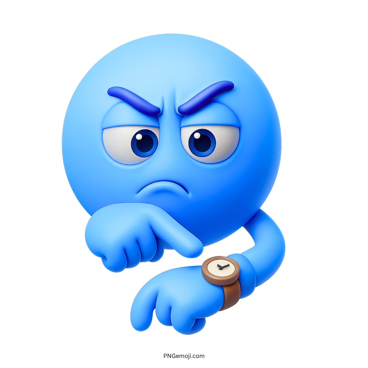 3D annoyed blue emoji pointing at watch showing impatience or delay concept