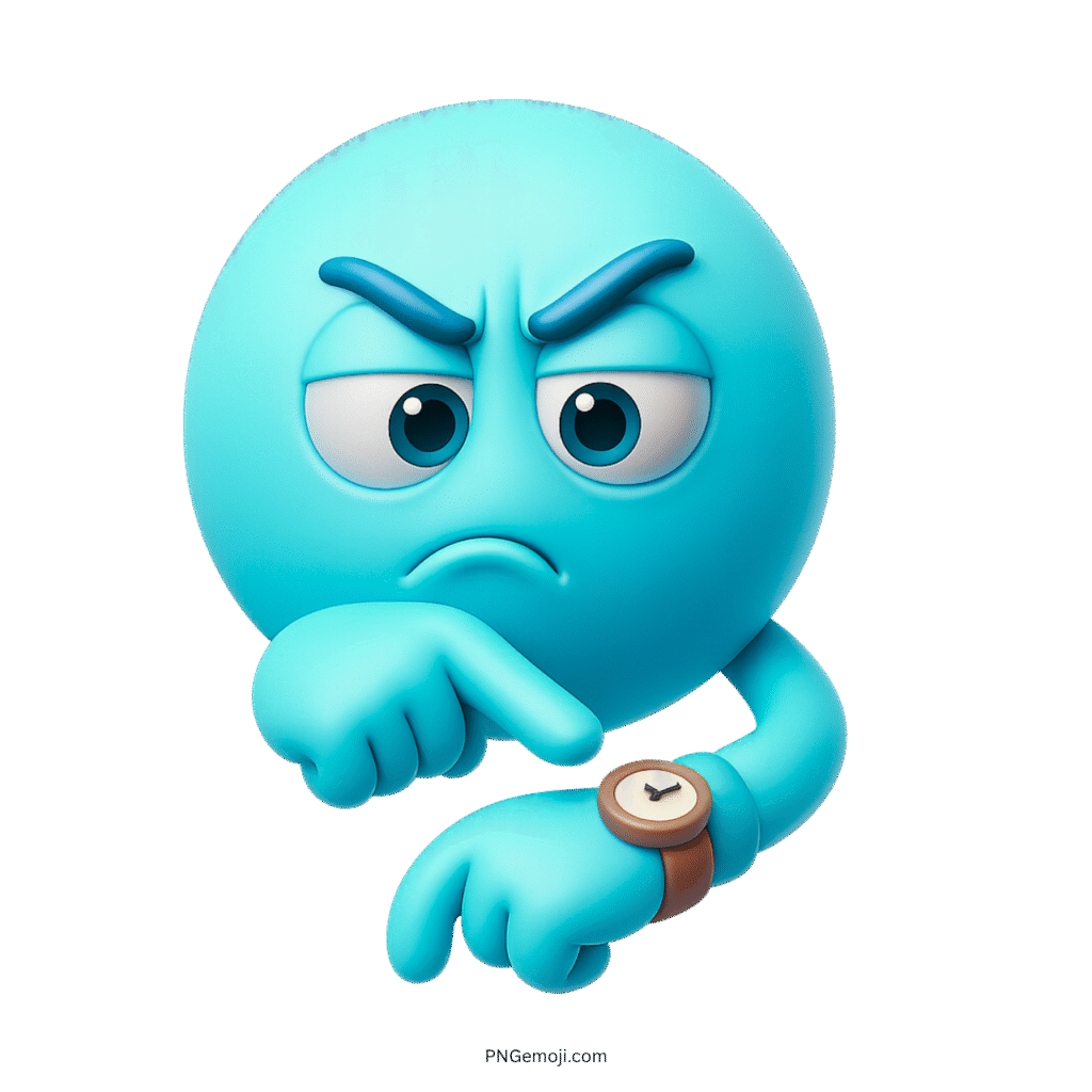 3D aqua emoji pointing at wristwatch to show delay, frustration, or time awareness