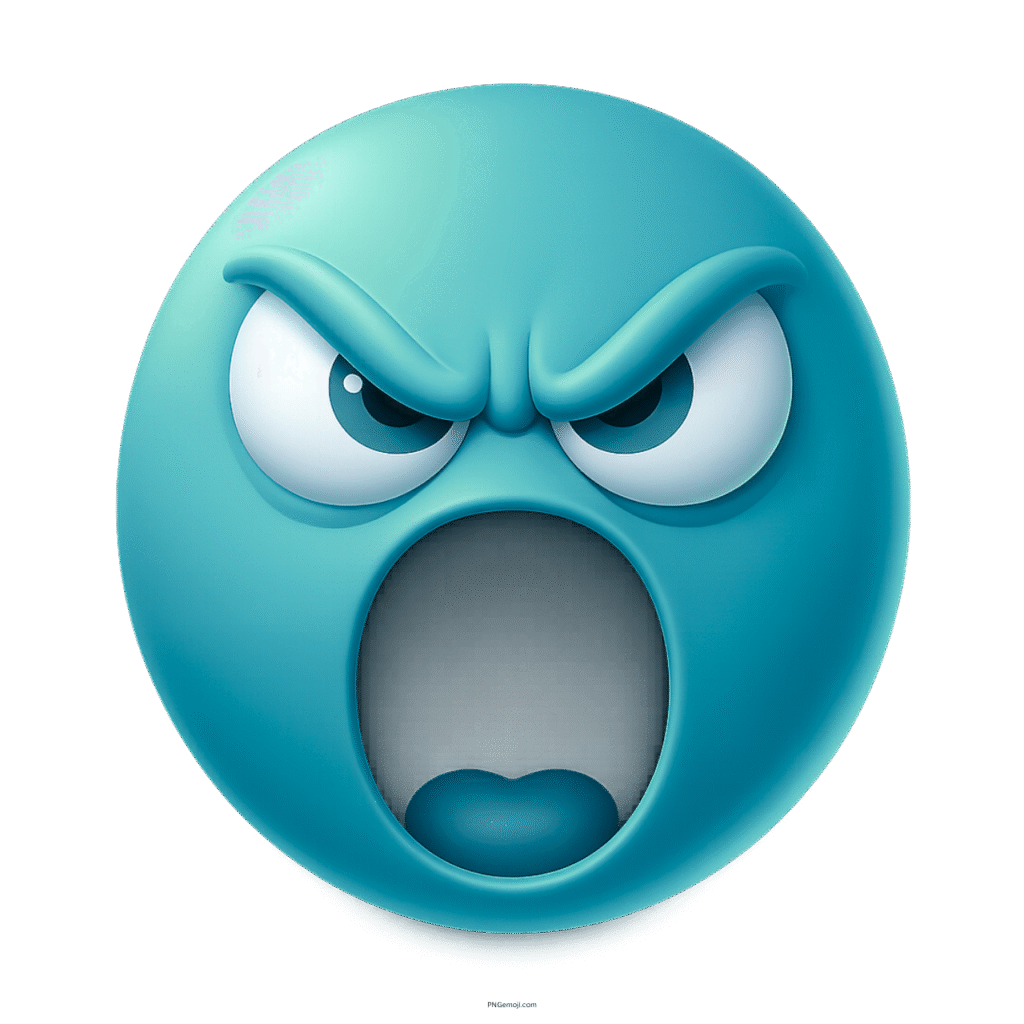 Aqua blue emoji with angry eyes and wide open screaming mouth expression