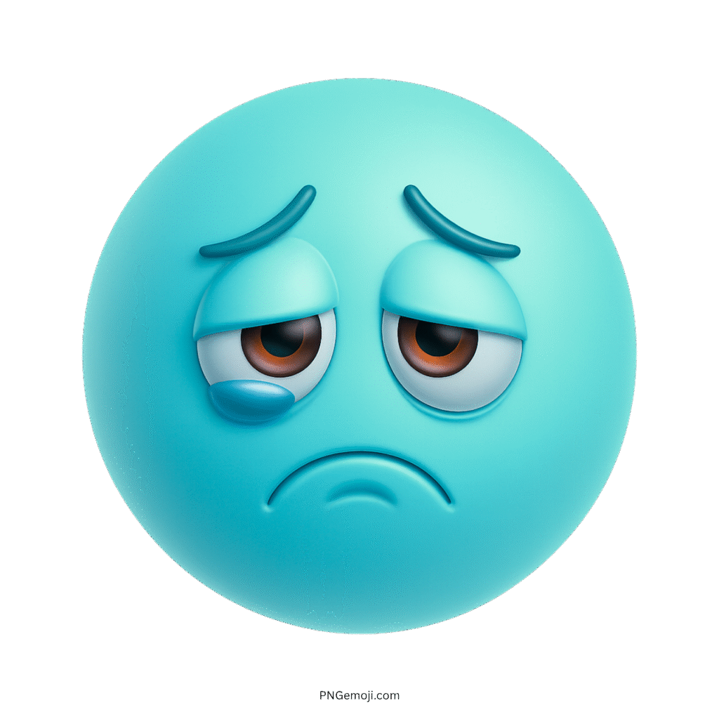 Aqua blue 3D sad emoji face with tired eyes and emotional frown