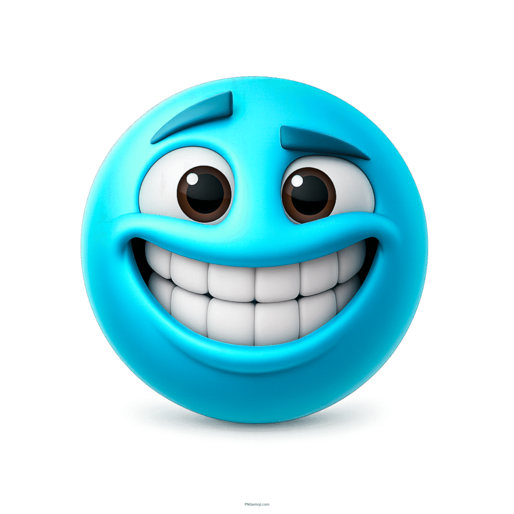 3D blue emoji face showing huge smile and cheerful happy emotion