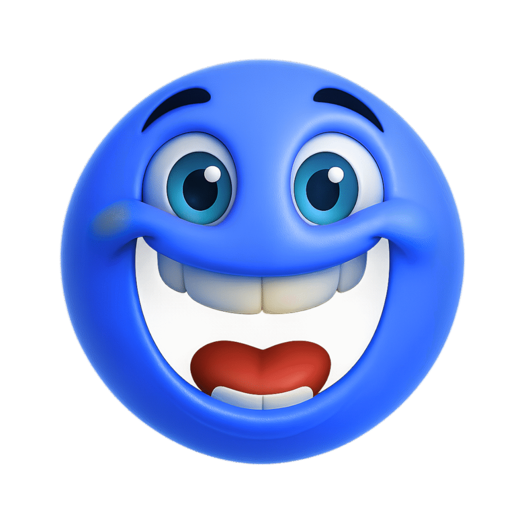 3D blue funny emoji face with big eyes and wide happy cartoon smile