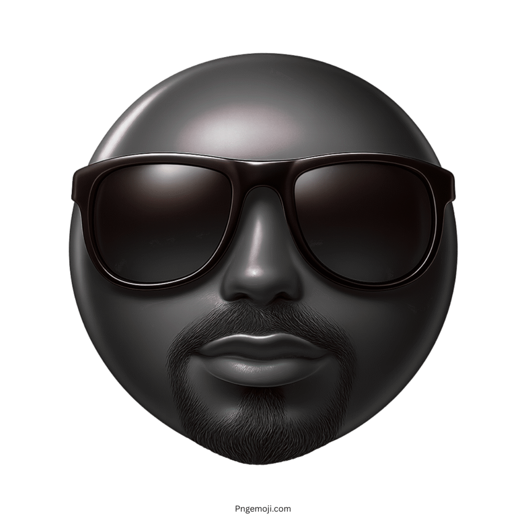 Glossy black 3D emoji with beard and dark sunglasses, cool and confident expression
