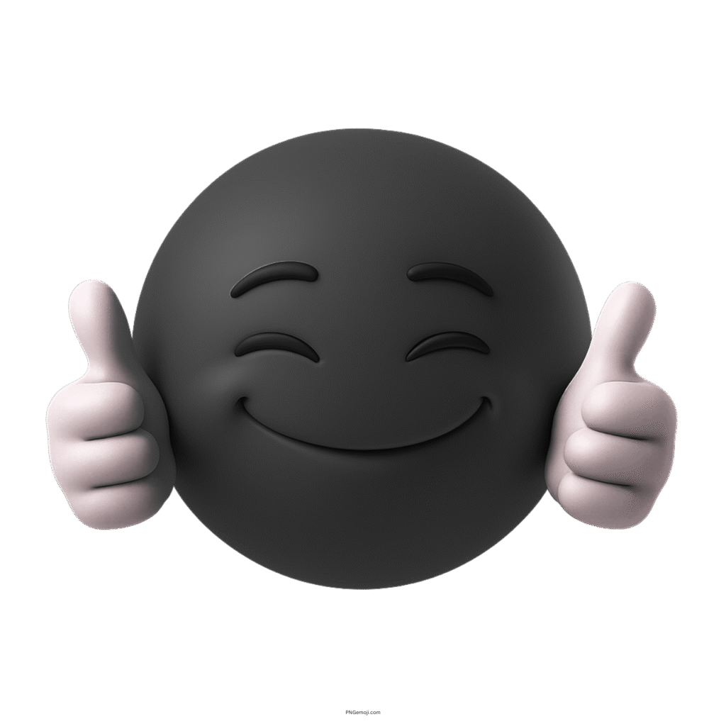 3D black happy smiley emoji giving two thumbs up with positive expression