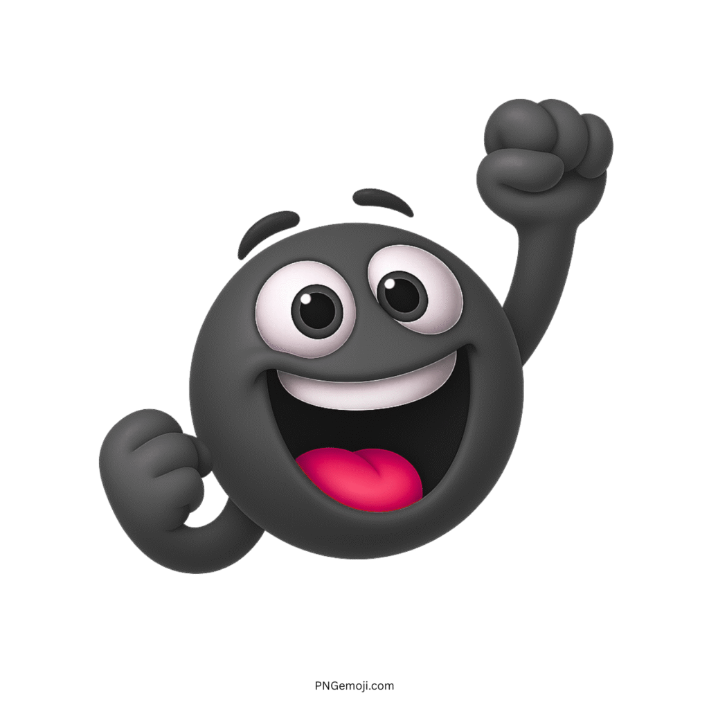 3D black cheering smiley emoji with raised fists and joyful facial expression