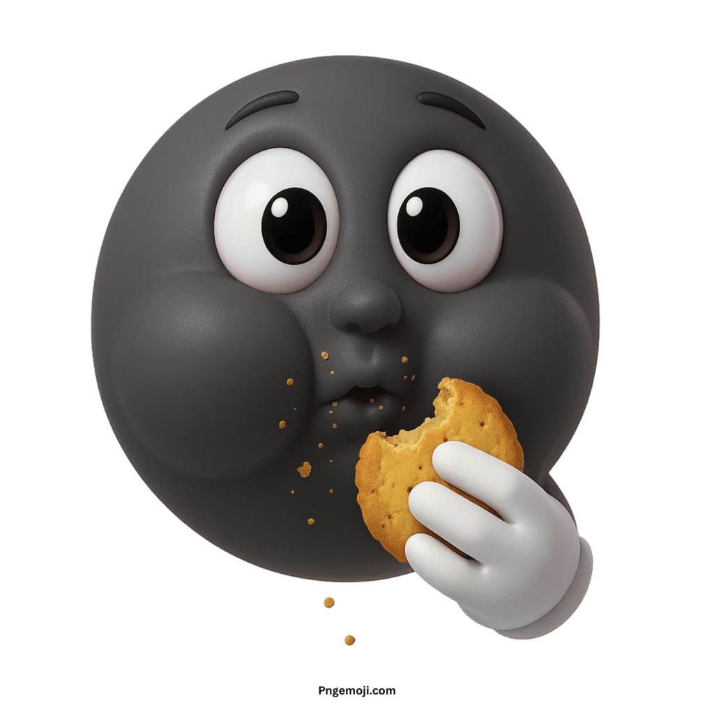 Cute black 3D emoji eating cookie with puffed cheeks and crumbs