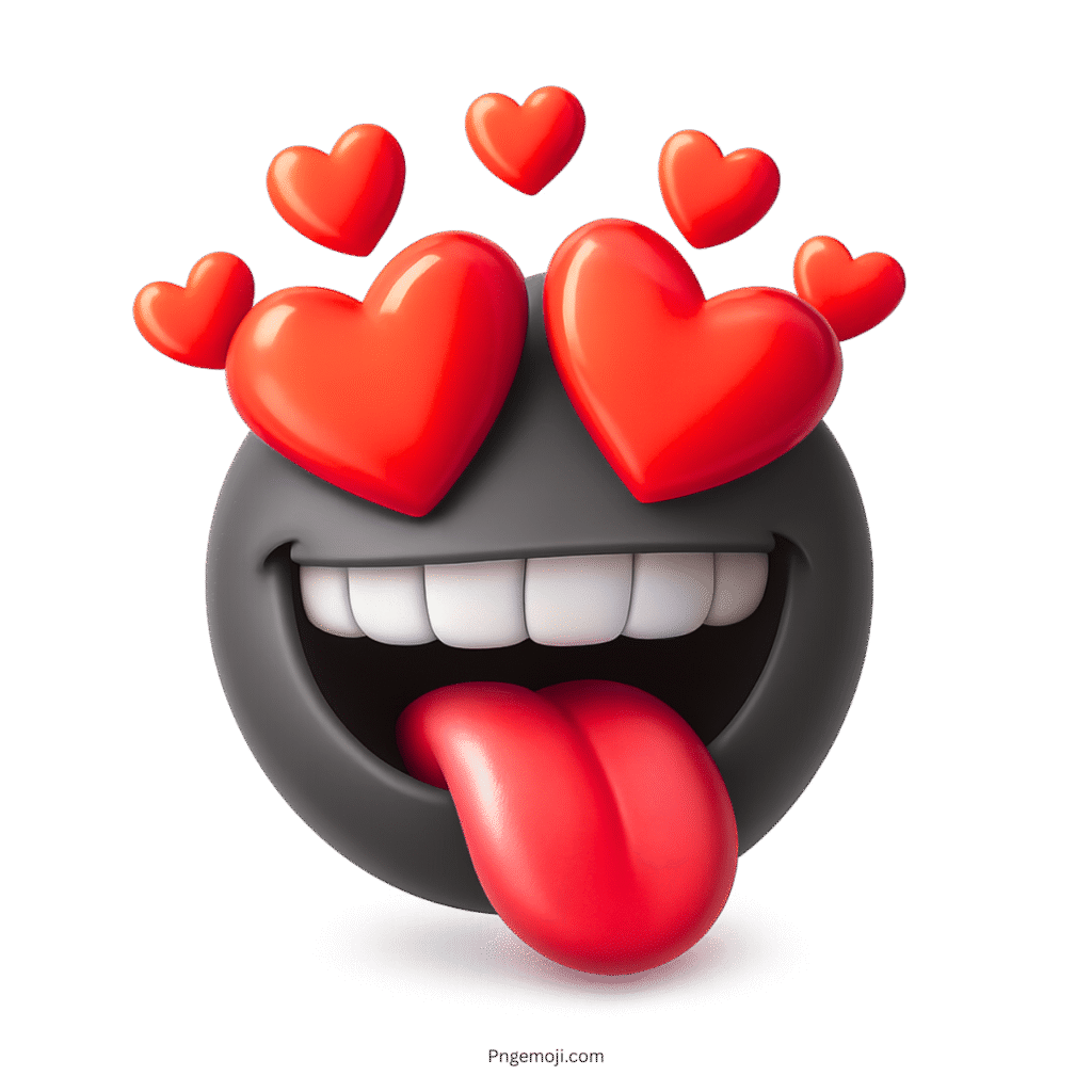 Black 3D emoji with red heart eyes and tongue out showing crazy-in-love expression