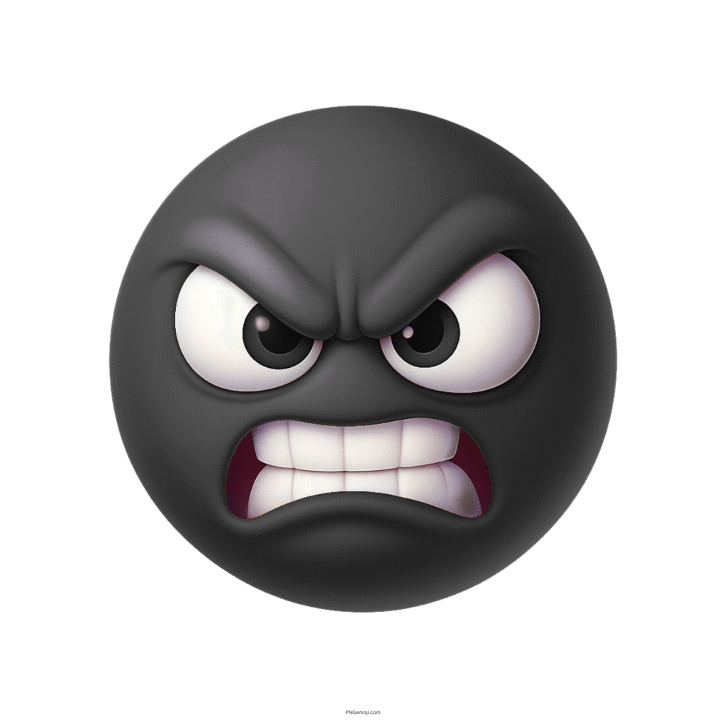 3D black angry emoji face with clenched teeth and furious growling cartoon expression