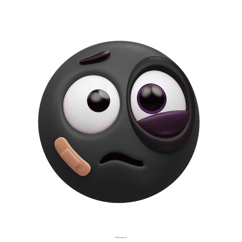 3D black emoji face with bruised eye, sad expression, and cheek bandage