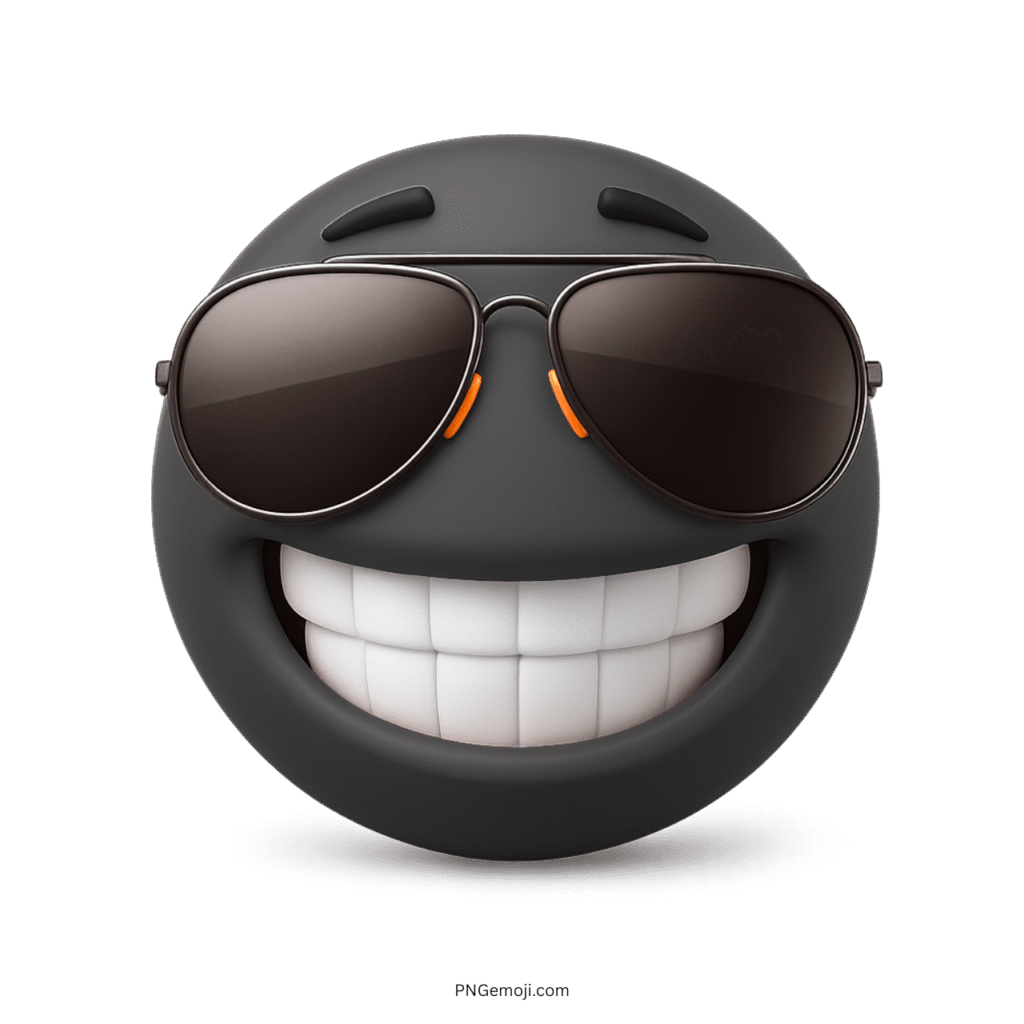 Black 3D smiling emoji wearing sunglasses and grinning with glossy bold finish